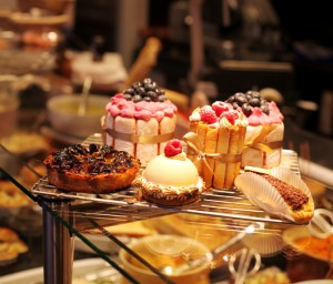 French pastries on display a confectionery shop