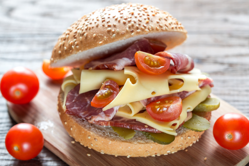 Sandwich with  ham, cheese and cherry tomatoes