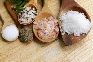 different types of salt (pink, sea, black, and with spices)