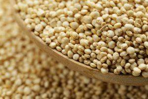 Quinoa grain in a wooden spoon close-up shot